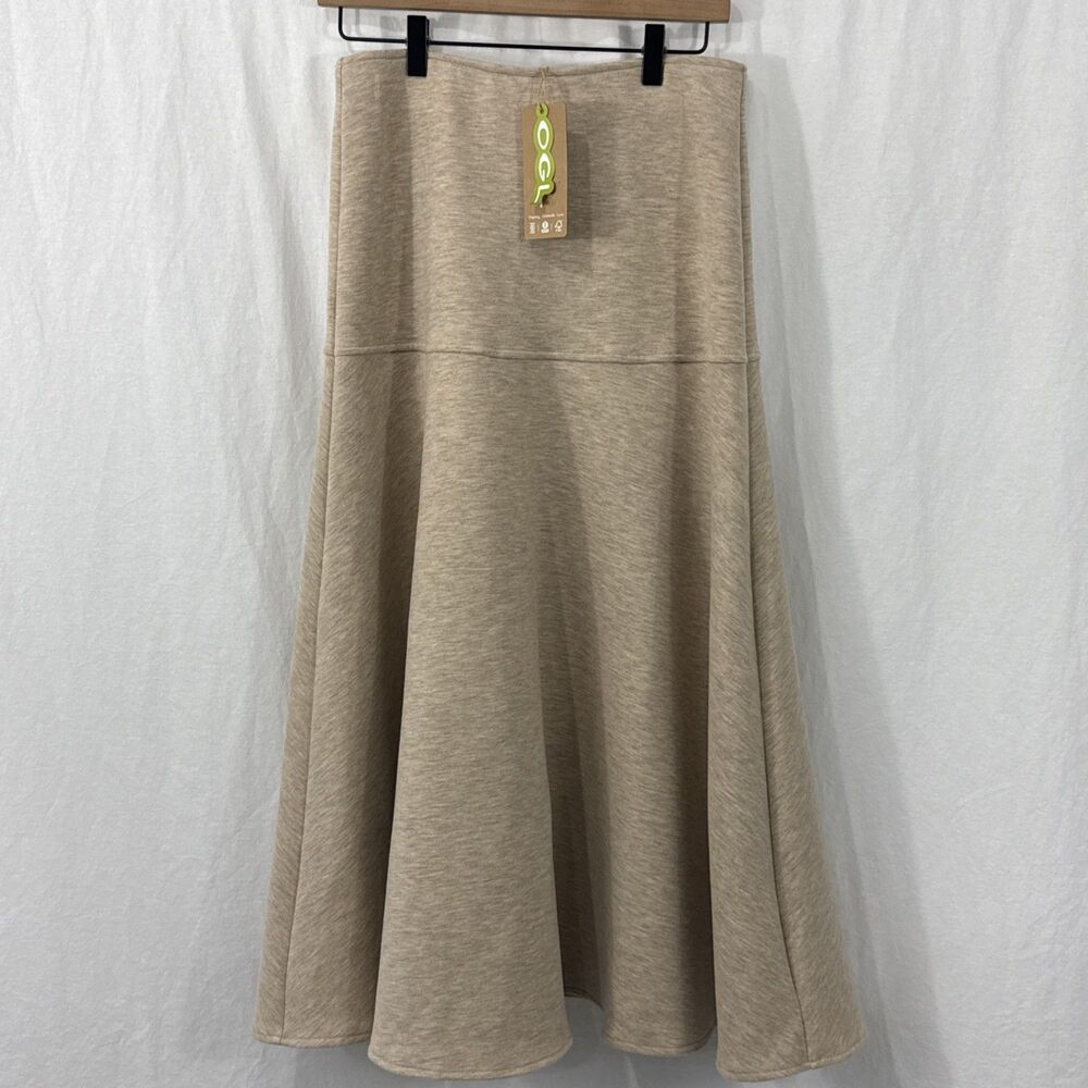 OGL Fuzzluxe Heather Beige Flared Maxi Skirt Women’s Sz M Minimalist Fall